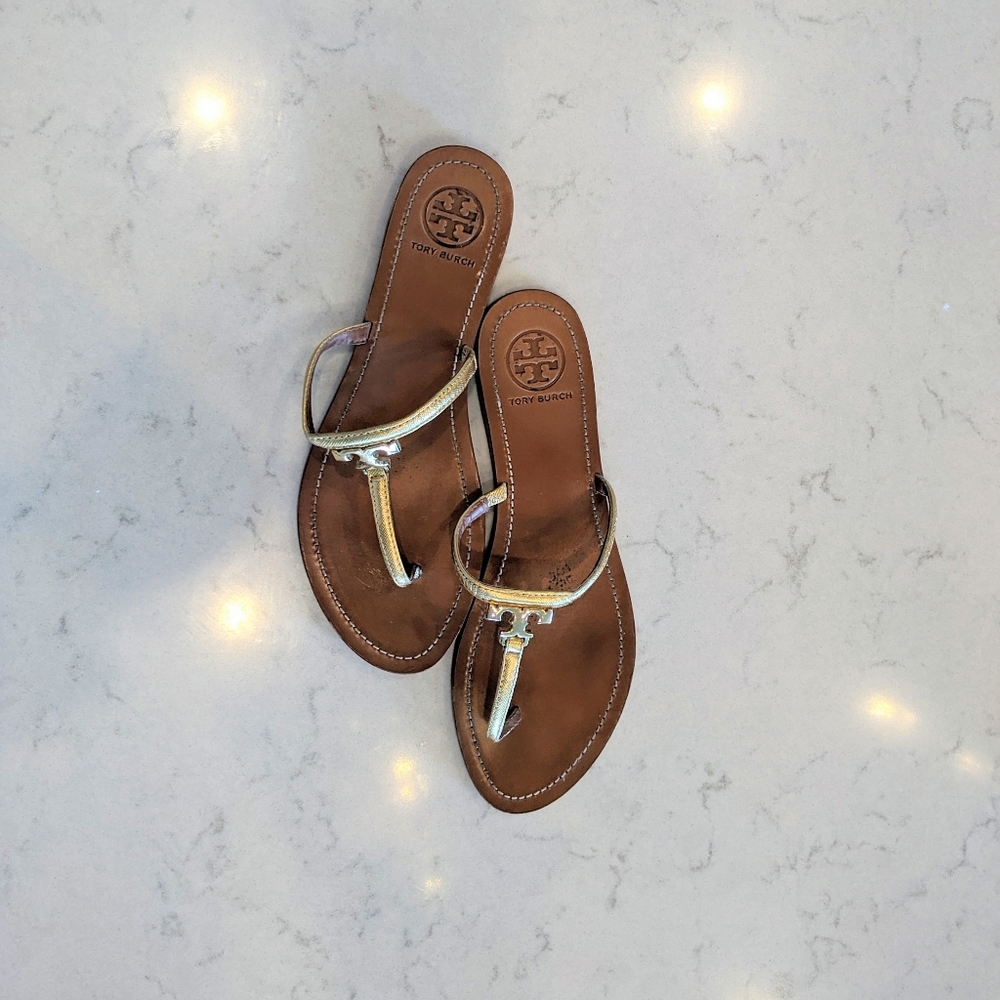 Tory Burch Gold Logo T Sandals - light use - 9.5